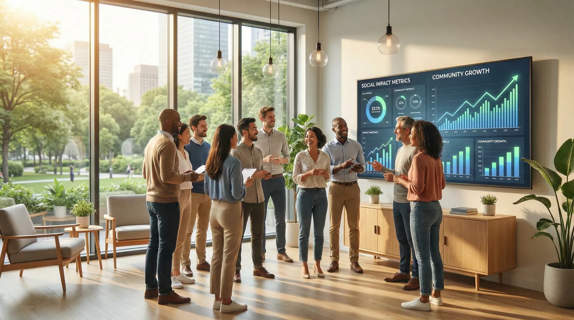 Corporate team reviewing social impact metrics