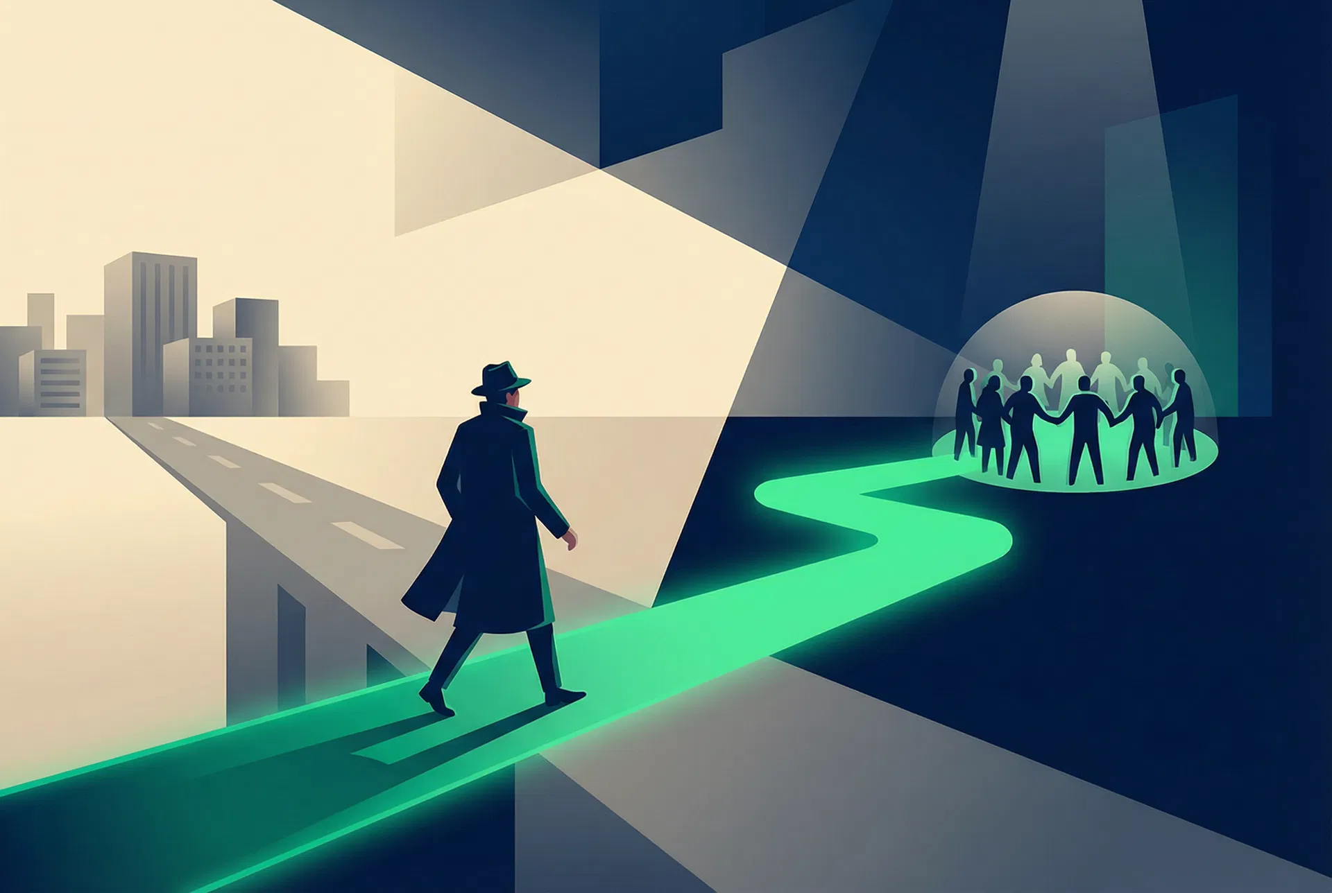 A person at a crossroads, choosing the path toward community