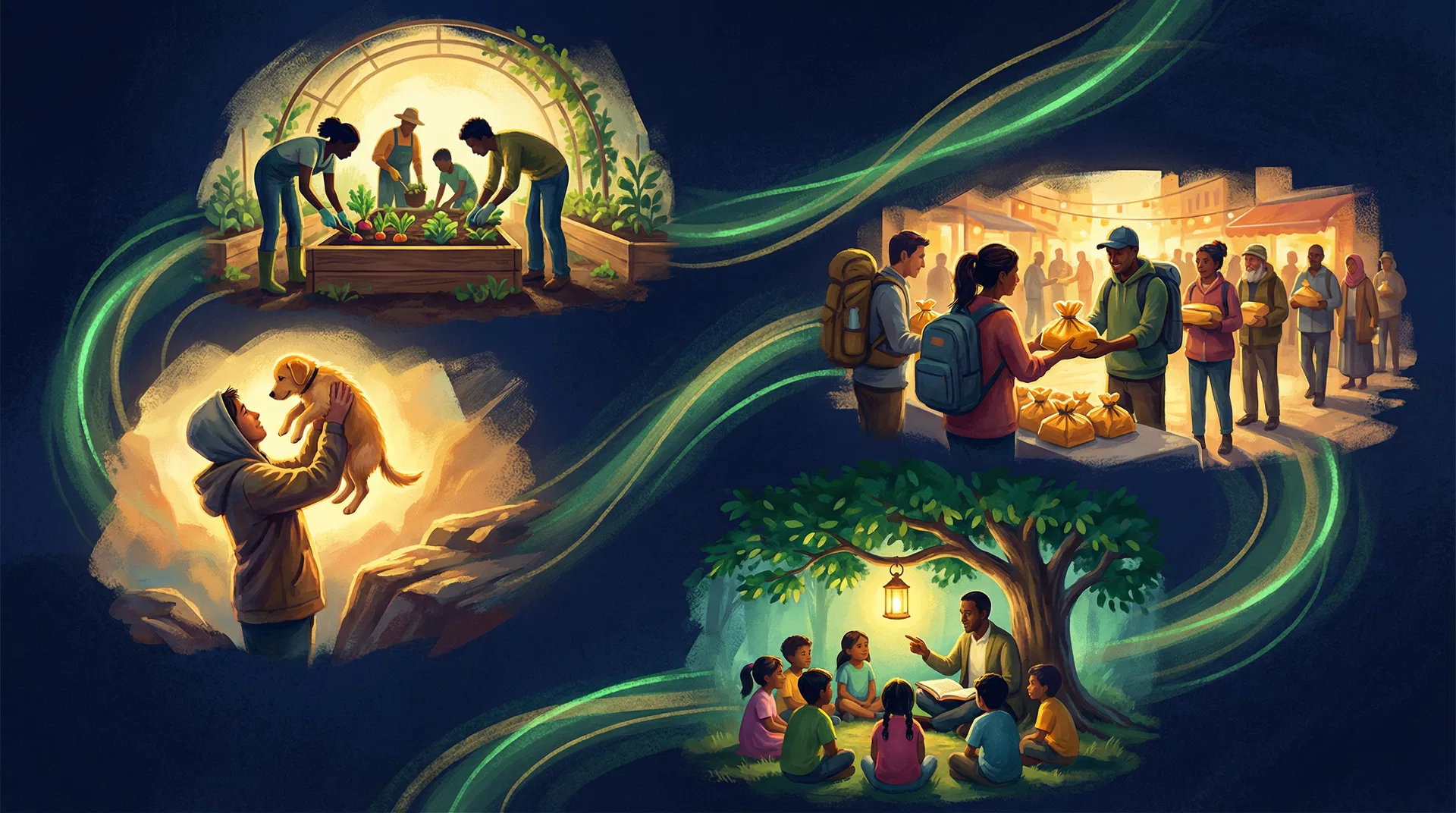 Scenes of real-life heroism — community gardens, animal rescue, food distribution, outdoor teaching