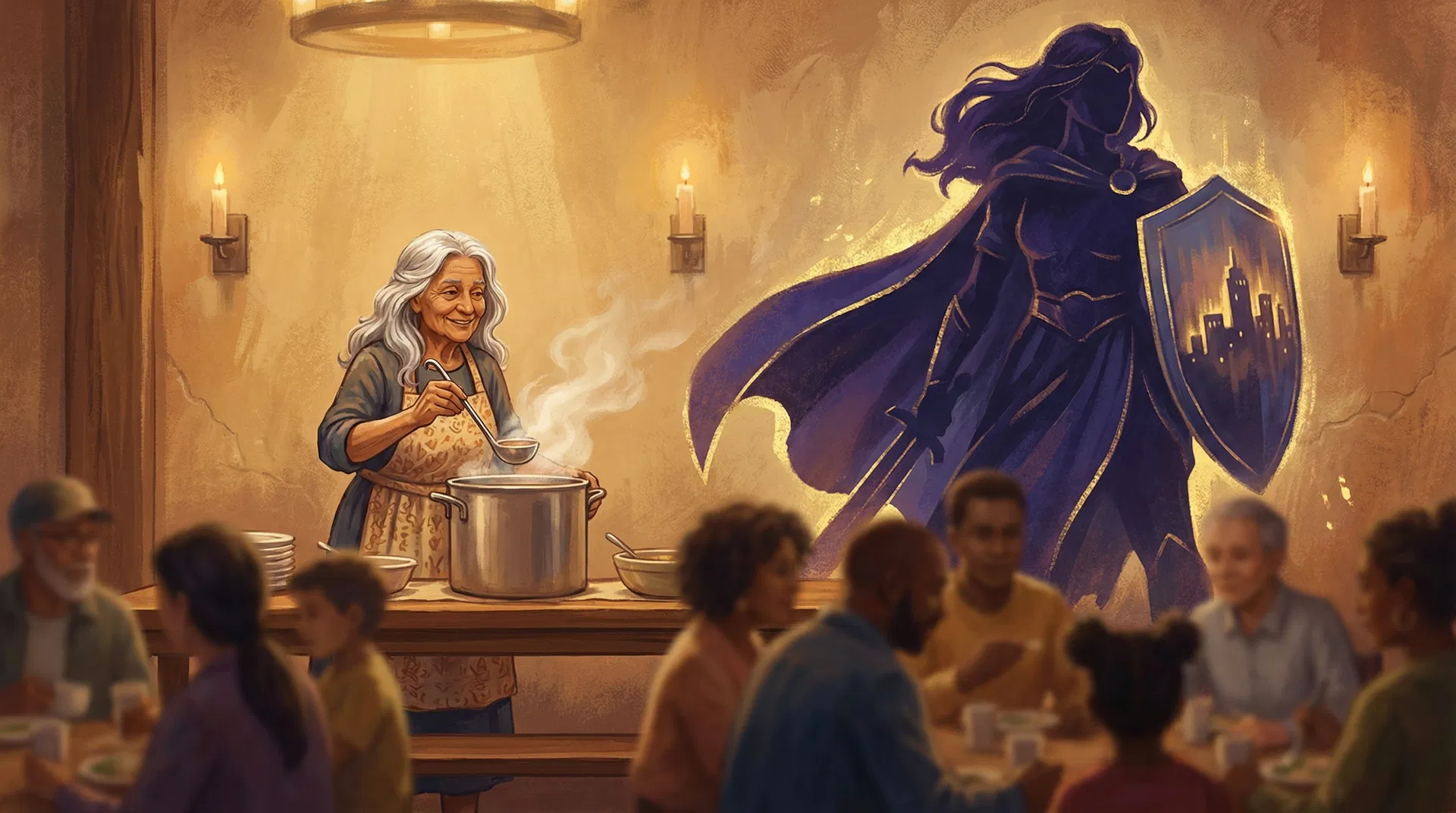 A grandmother serving soup at a shelter, her shadow transformed into a warrior goddess with a shield