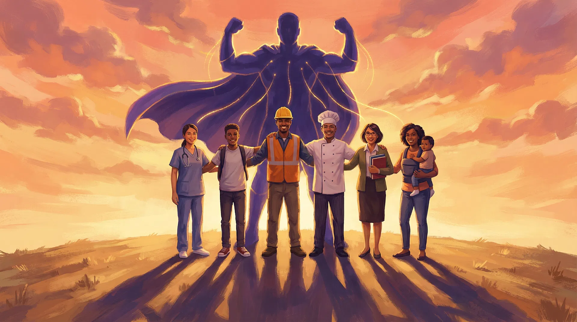 A diverse group of volunteers whose individual shadows merge into one colossal superhero