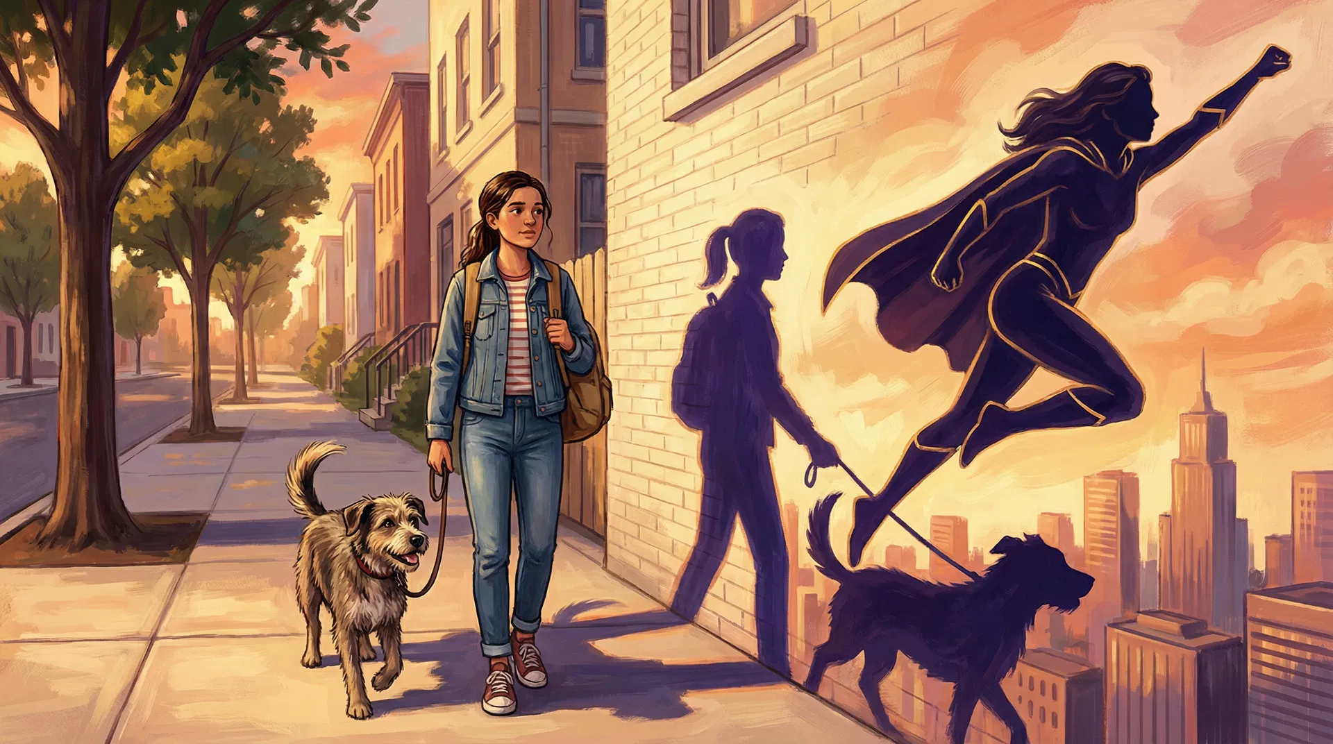 A teenager walking a rescue dog, her shadow showing her flying with the dog above a city