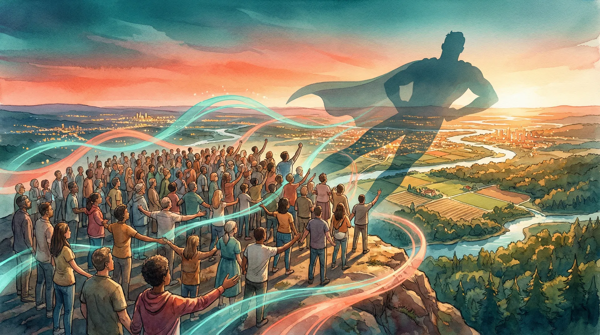 A diverse community at sunrise, their collective shadow forming one enormous superhero silhouette