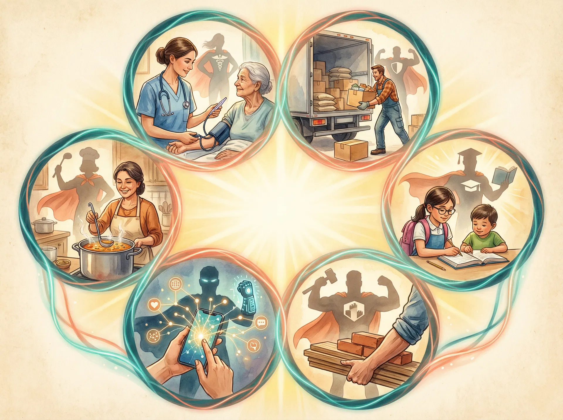 Six vignettes showing ordinary people using their MegaPowers — each with a superhero shadow