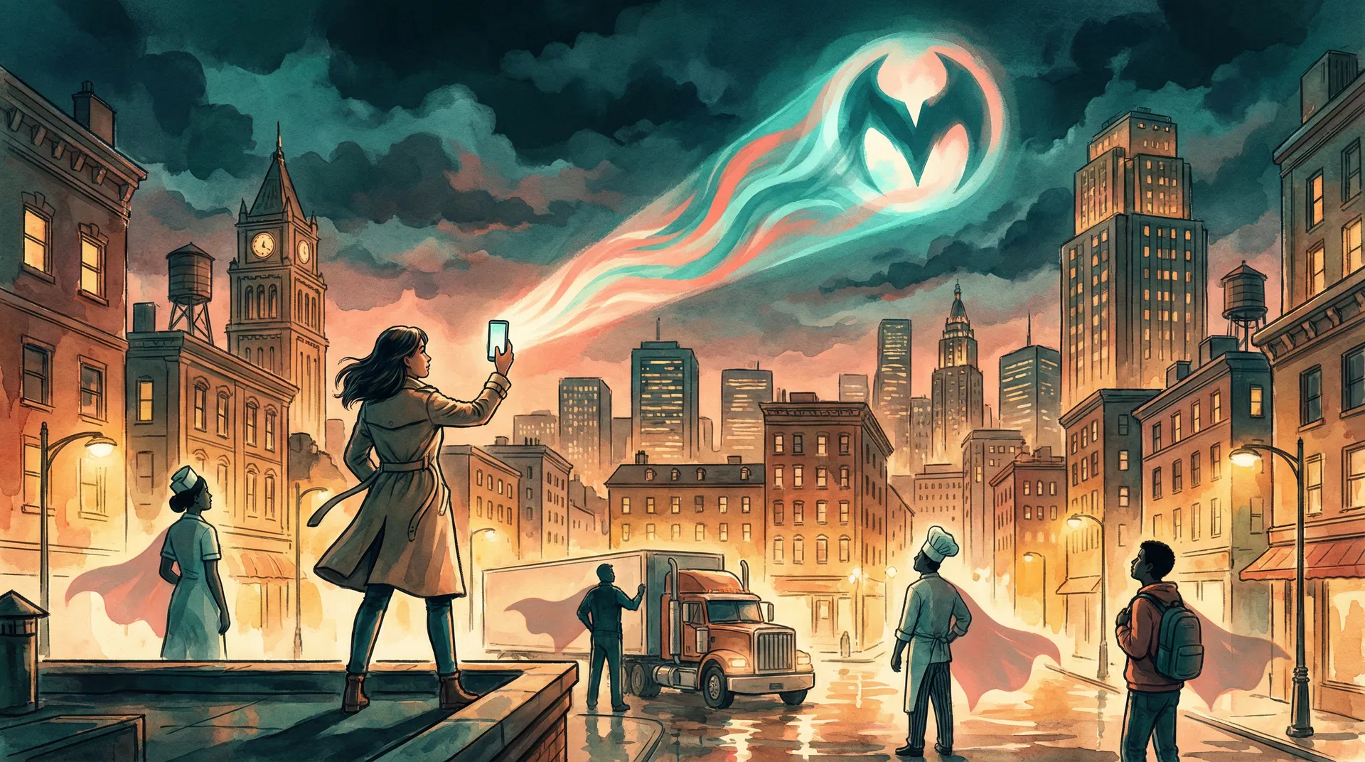 A woman on a rooftop holding up her phone, projecting the MegaSignal into the night sky while heroes with cape shadows look up from the streets