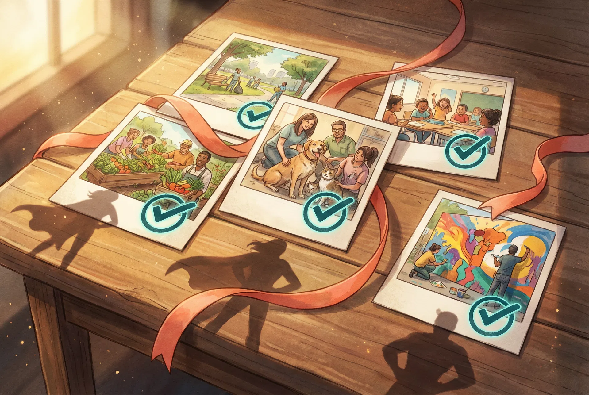 Polaroid photos of completed community missions with verification checkmarks