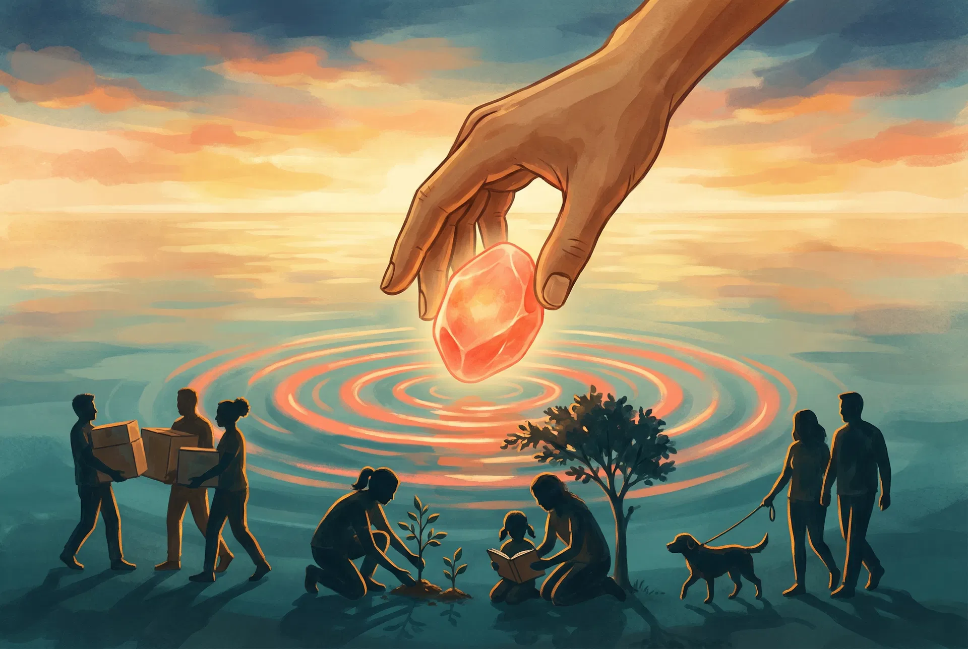 A hand dropping a glowing stone into water, ripples transforming into silhouettes of people helping