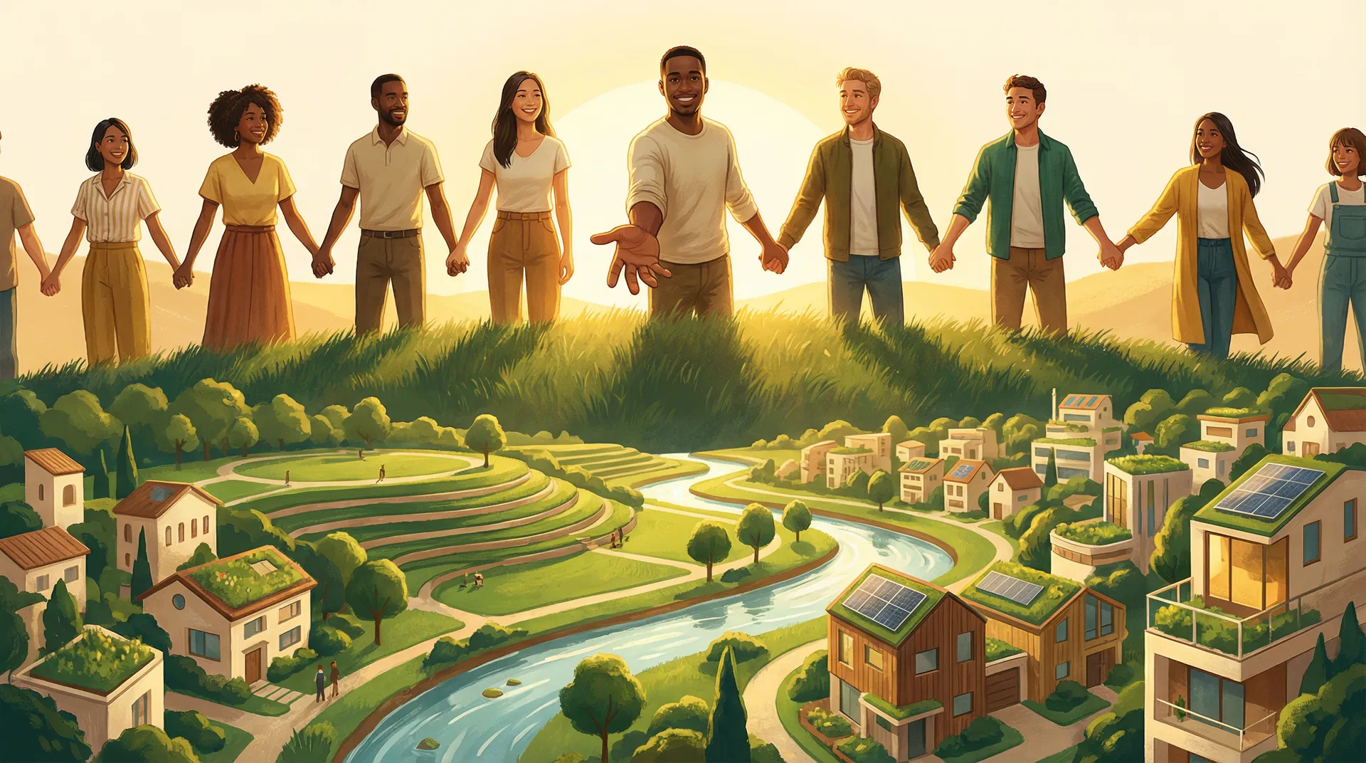 A diverse community standing together on a hilltop at sunrise, extending a hand to the viewer
