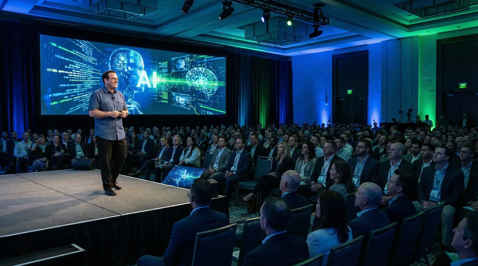 Jon Lakefish on stage delivering an AI keynote
