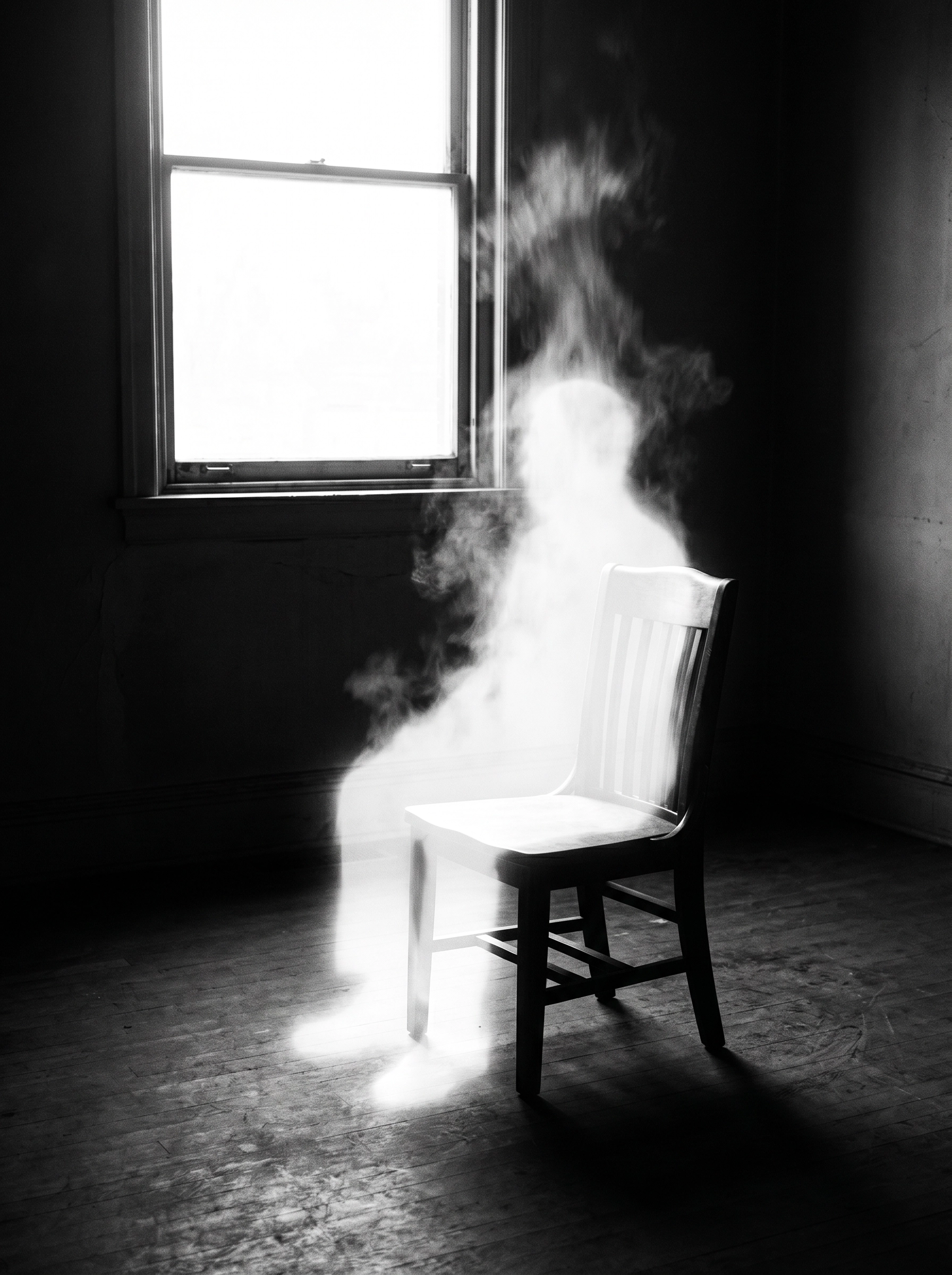 An empty chair in a bright window, light falling in the shape of a seated figure.