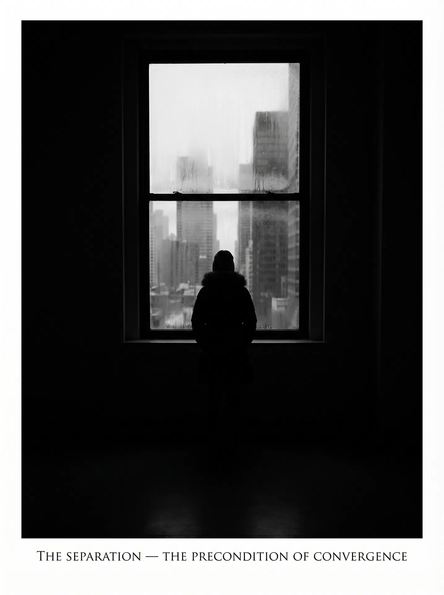 A solitary figure stands at a tall window, back to the camera, looking out at a dense city skyline. The glass is slightly fogged. The figure is small against the vast window. Fuji X-Pro1 aesthetic, Zanele Muholi observational lineage.