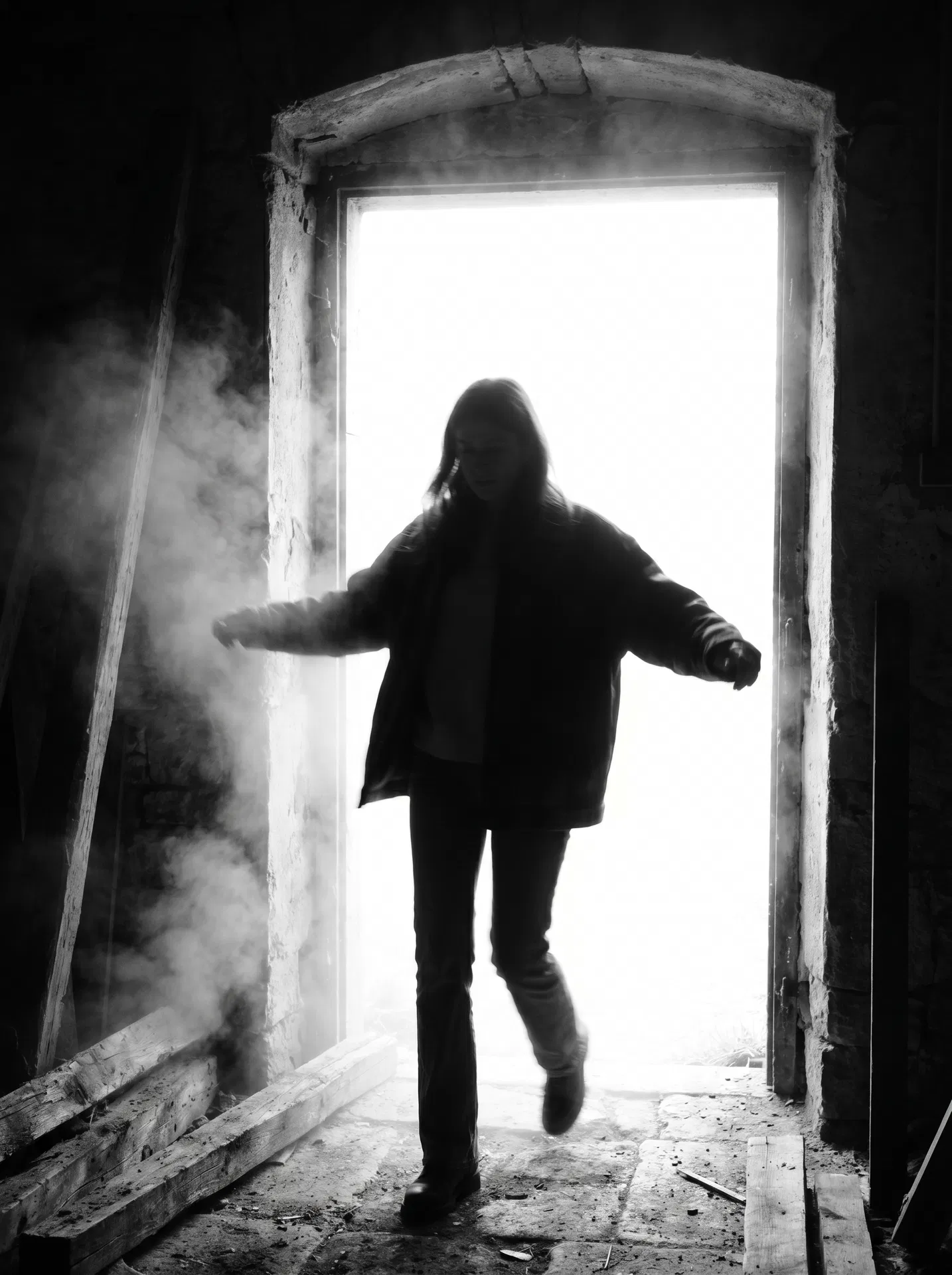 A woman in motion — mid-step, arms slightly open — moving through a doorway into brilliant white light. The interior behind her is dark and dense. Steam lingers in the dark interior. Fuji X-Pro1 aesthetic, Zanele Muholi and Graciela Iturbide observational lineage.