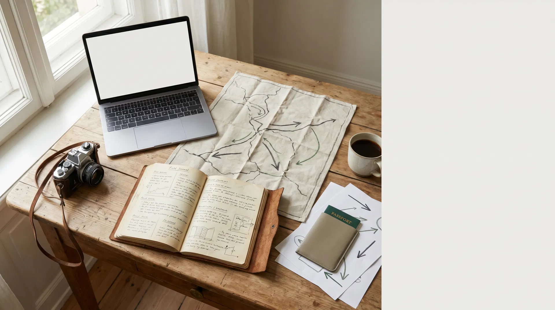 Travel workspace with field journal, route map, laptop, and camera