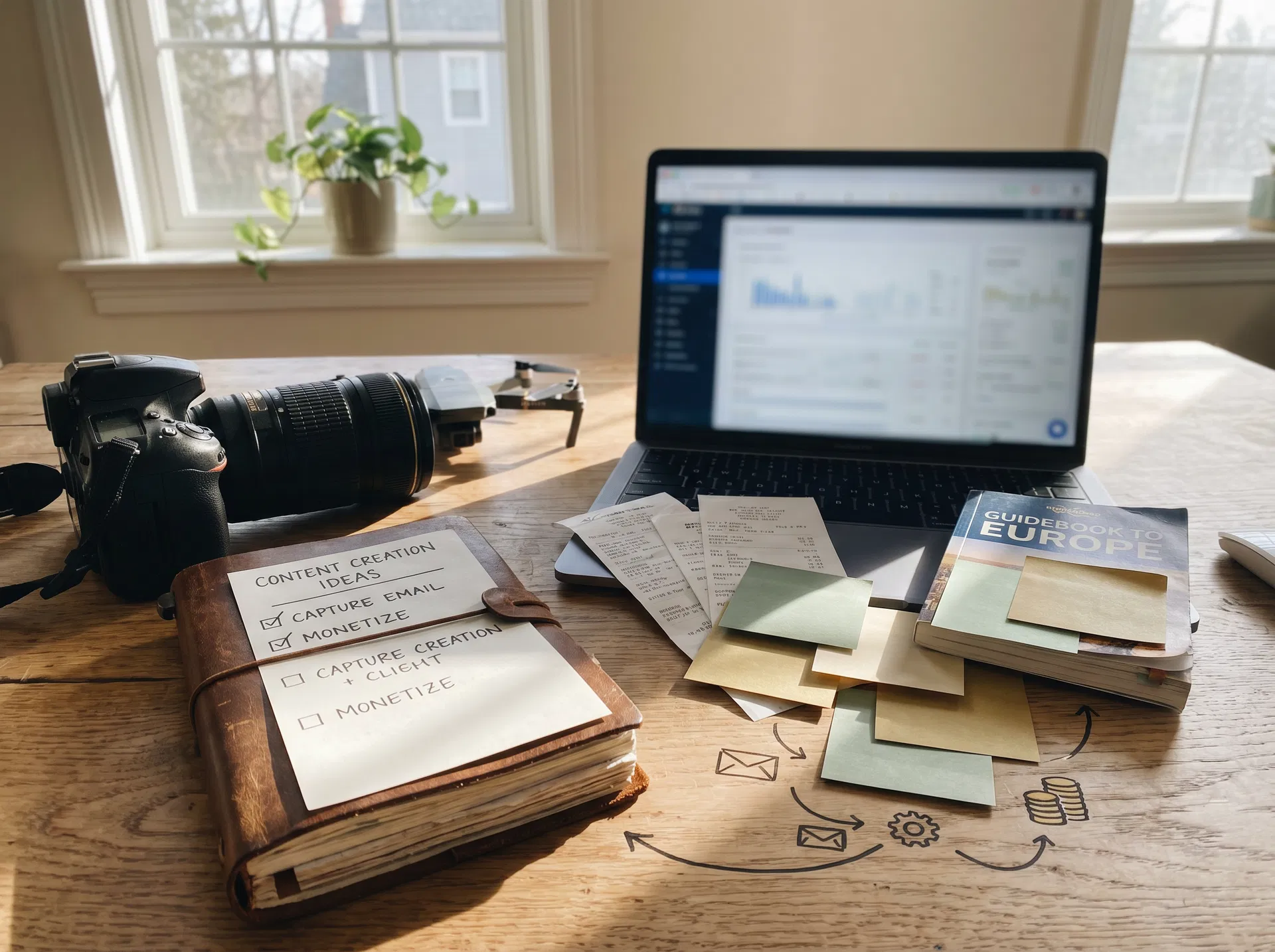 Travel creator desk with camera, laptop, journal, and notes showing a connected business workflow