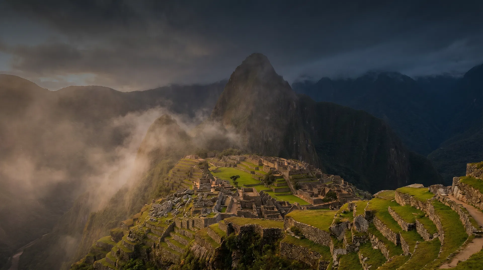 Machu Picchu at sunrise in a cinematic premium editorial style