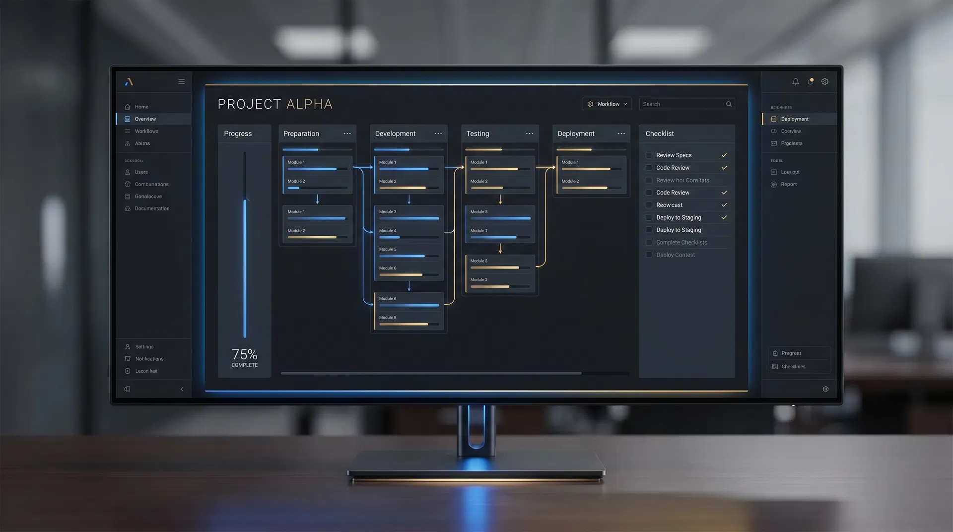 Premium workflow system product mockup with modules and progress tracking