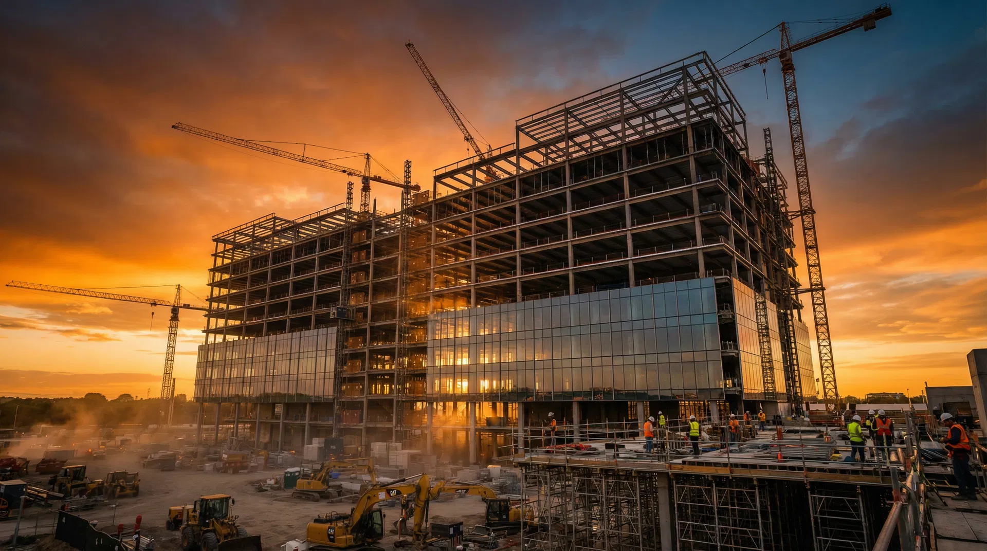 Commercial construction project at golden hour