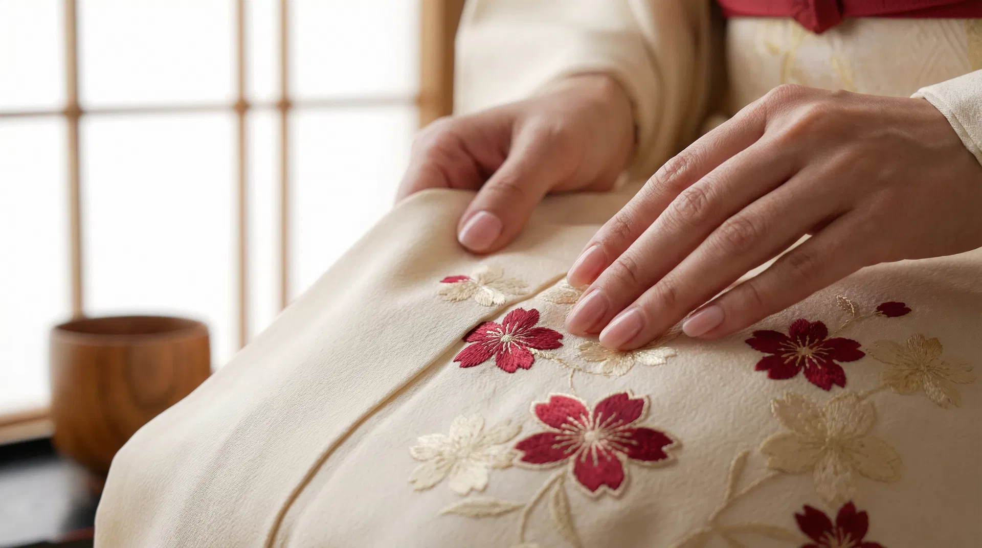 着物の生地と女性の手