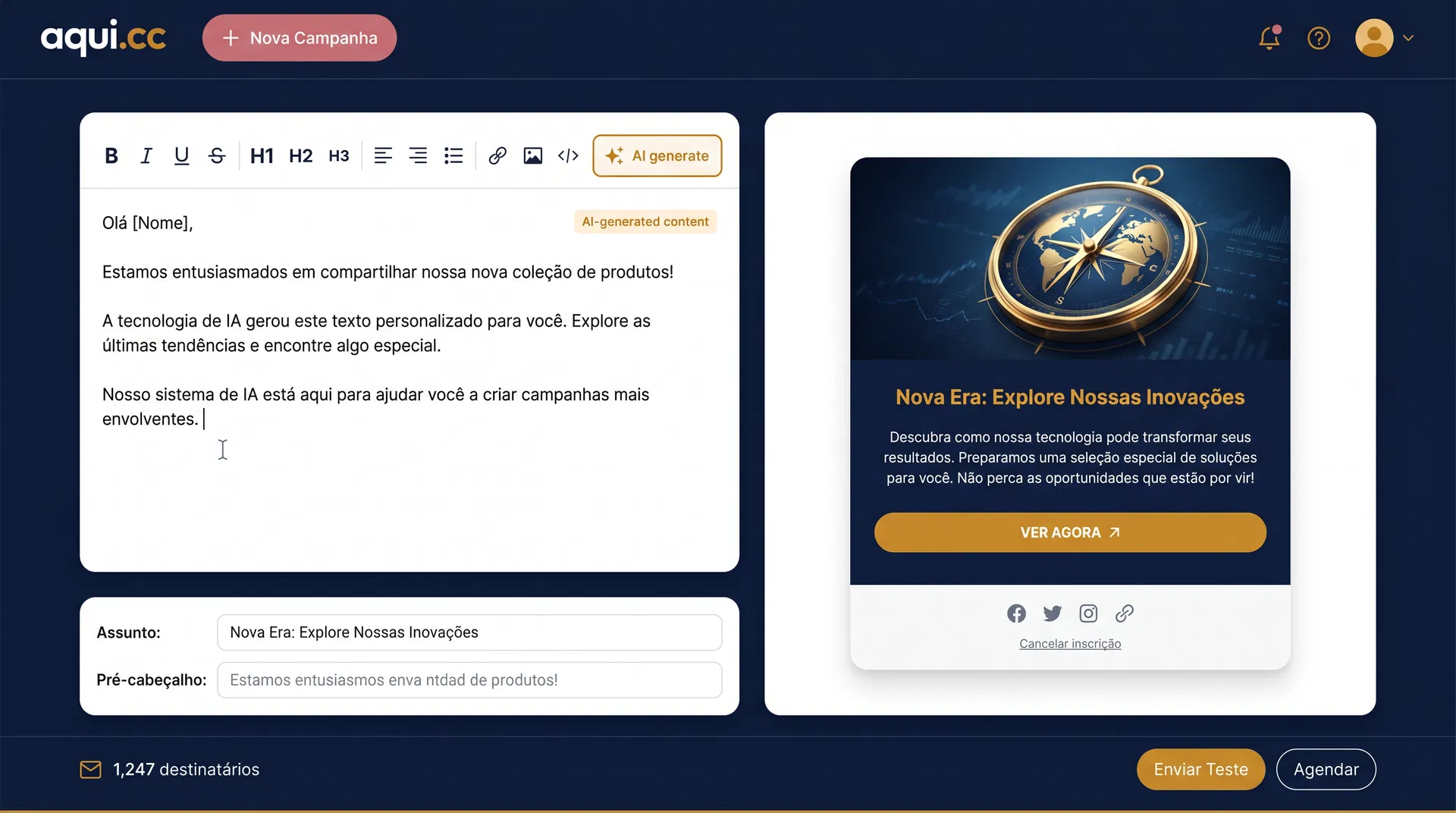 Demo do aqui.cc — editor de email com IA