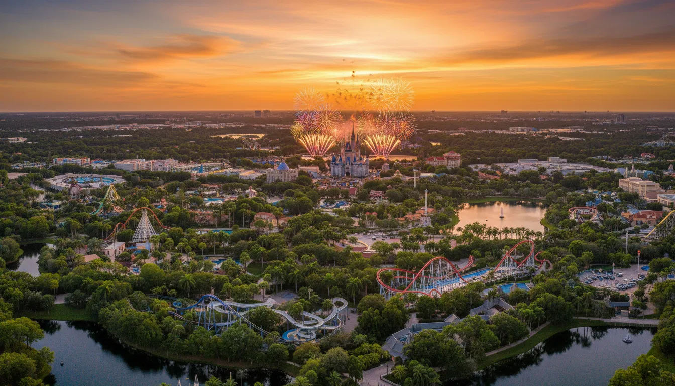 Vista aérea panorâmica de Orlando, Flórida, ao pôr do sol, com parques temáticos ao fundo