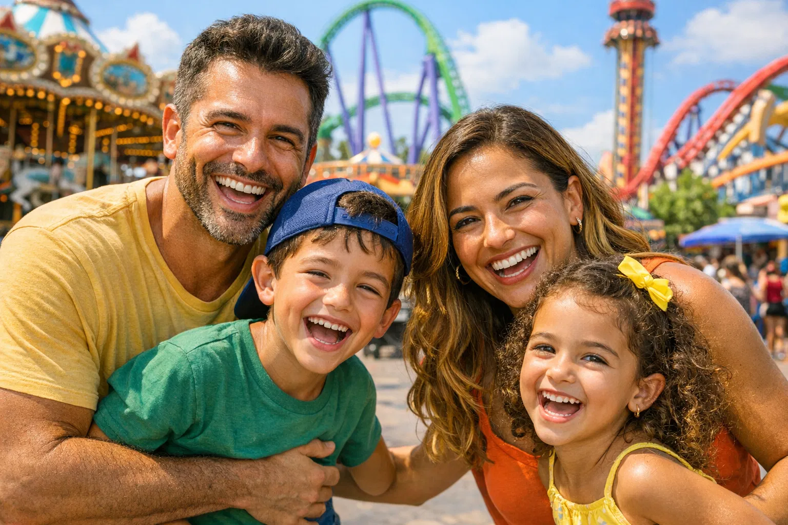 Família brasileira sorrindo em frente a um parque temático de Orlando