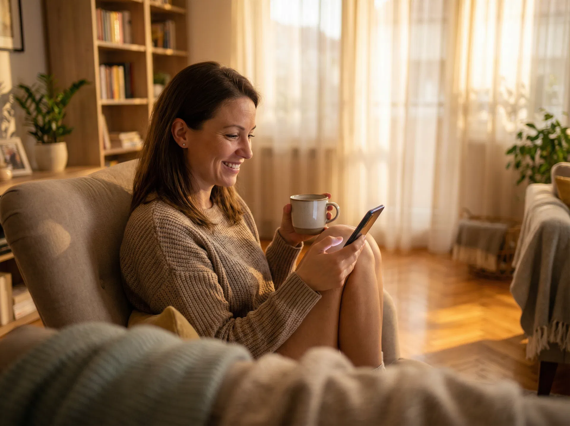 Family member smiling at a photo from their loved one