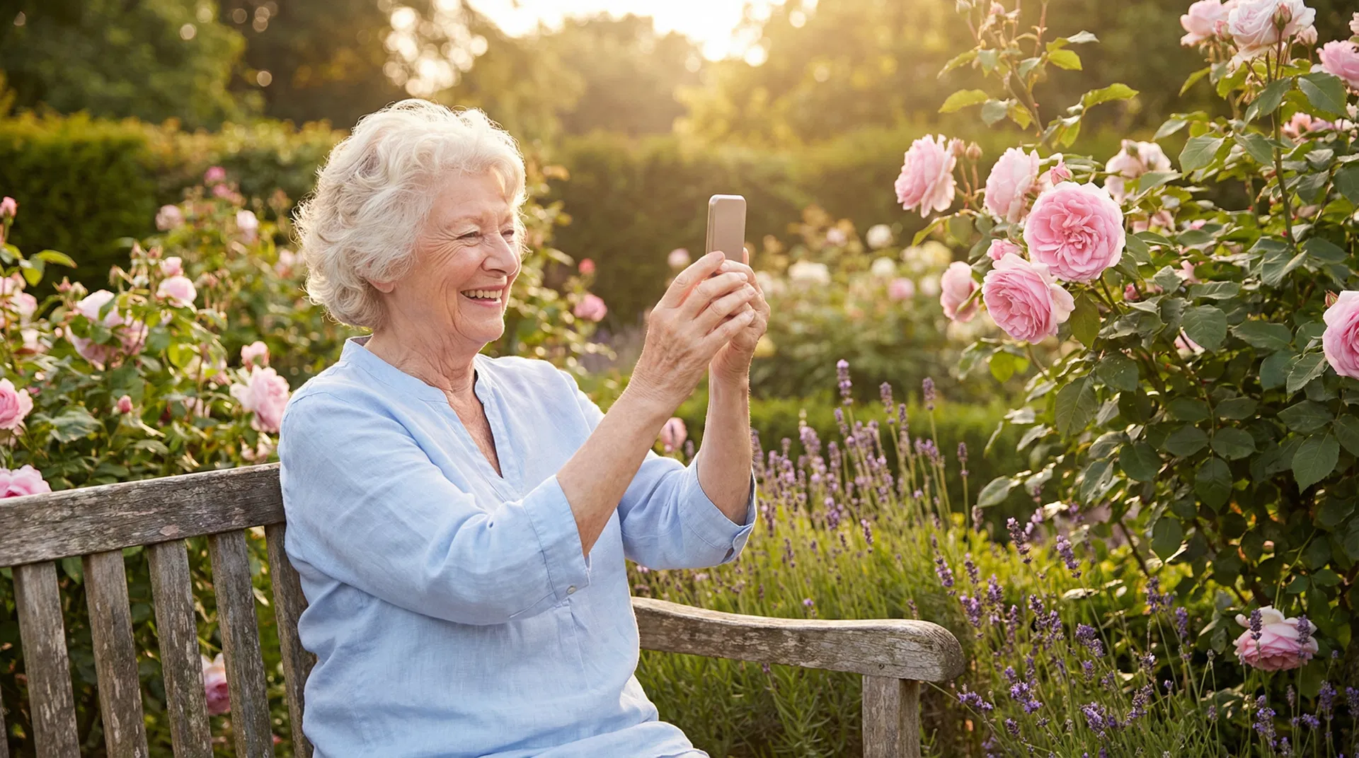 Senior woman photographing her garden