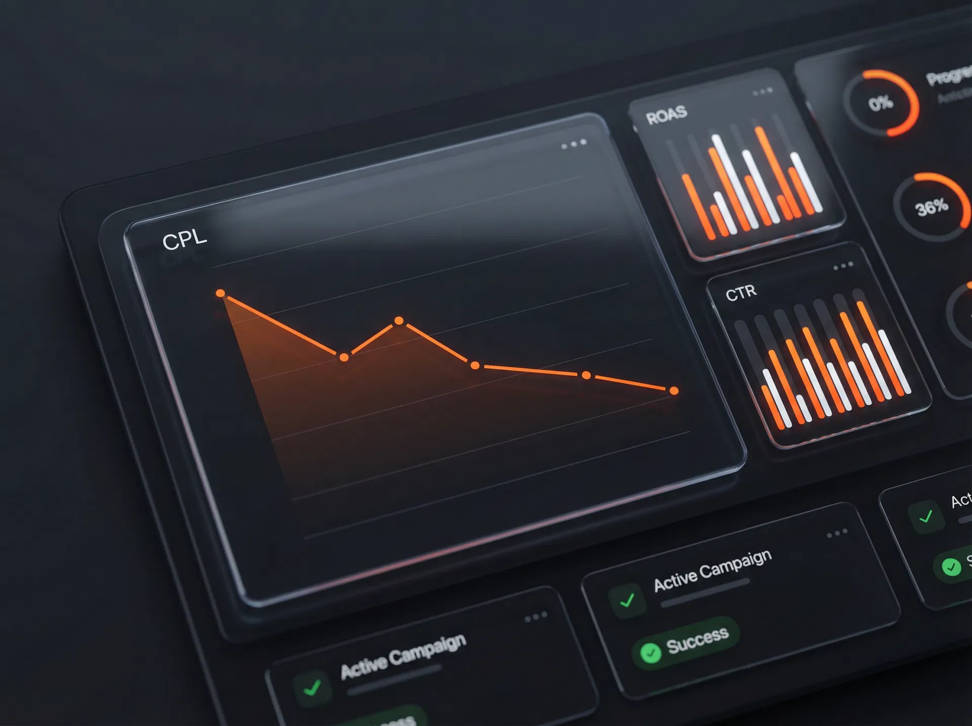 Live AI advertising campaign dashboard showing CPL reduction, ROAS improvement, and real-time metrics