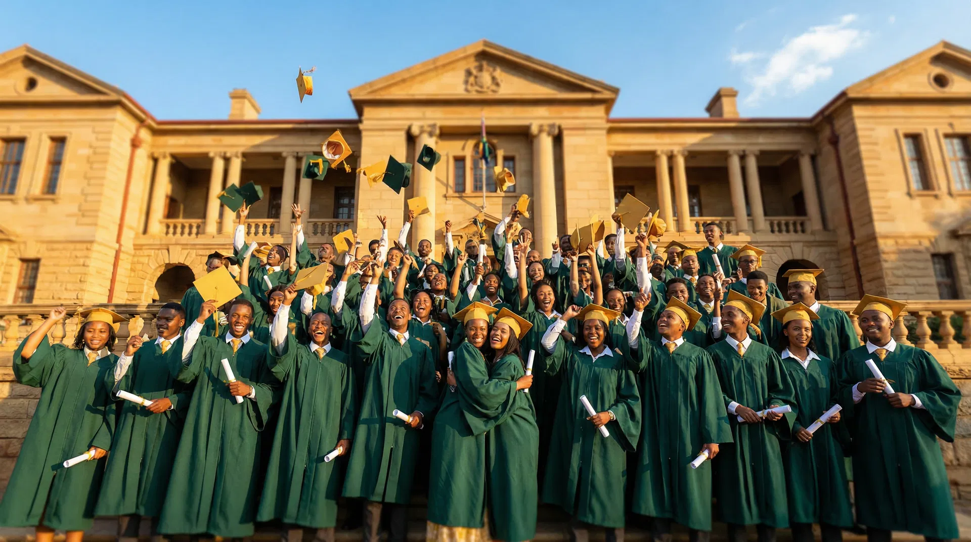 Education Alive Grade 12 graduates celebrating in green and gold gowns outside the Nelson Mandela Building, Johannesburg
