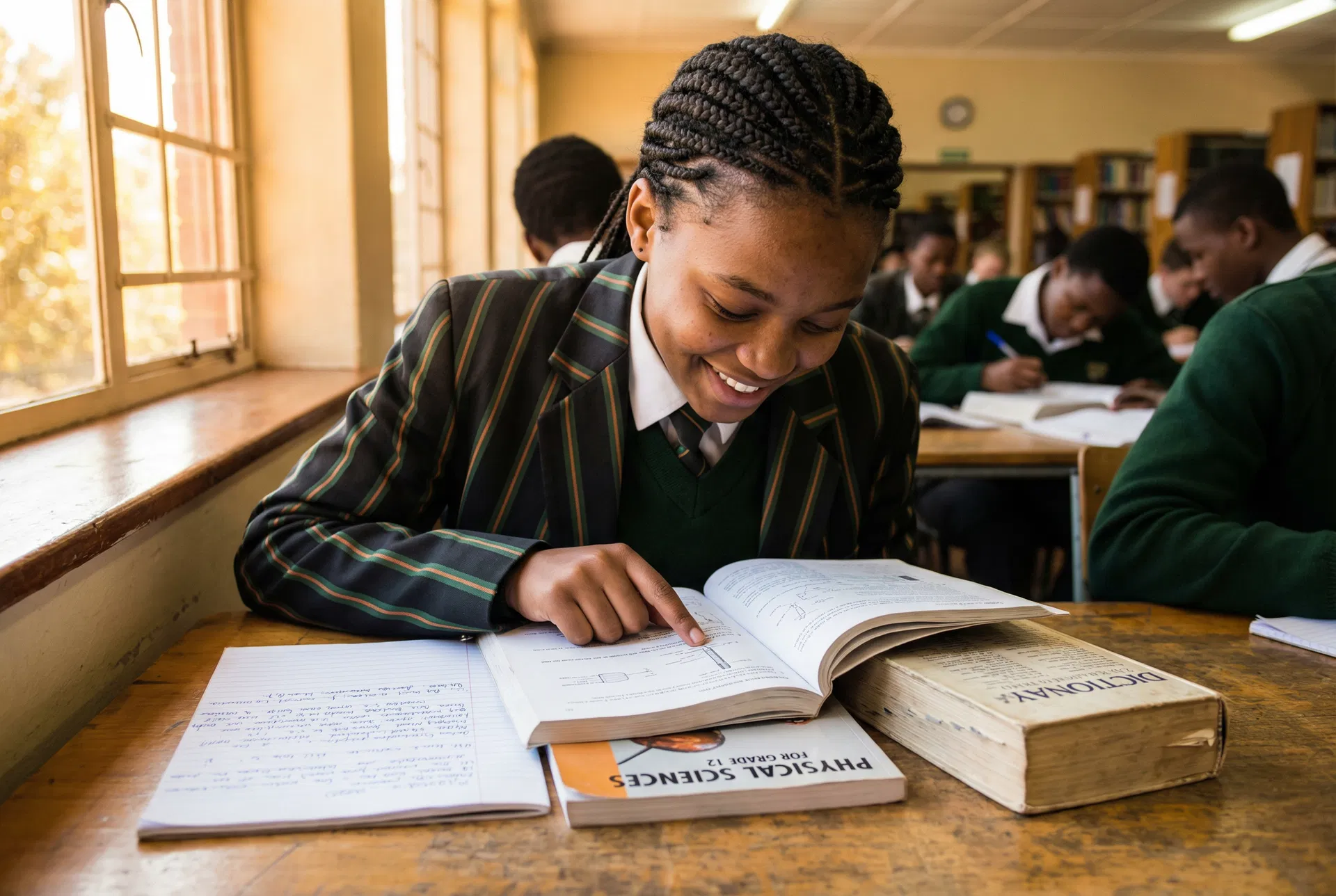 South African student using LRH Study Technology — reading with a dictionary, applying the barriers to study methodology at Education Alive
