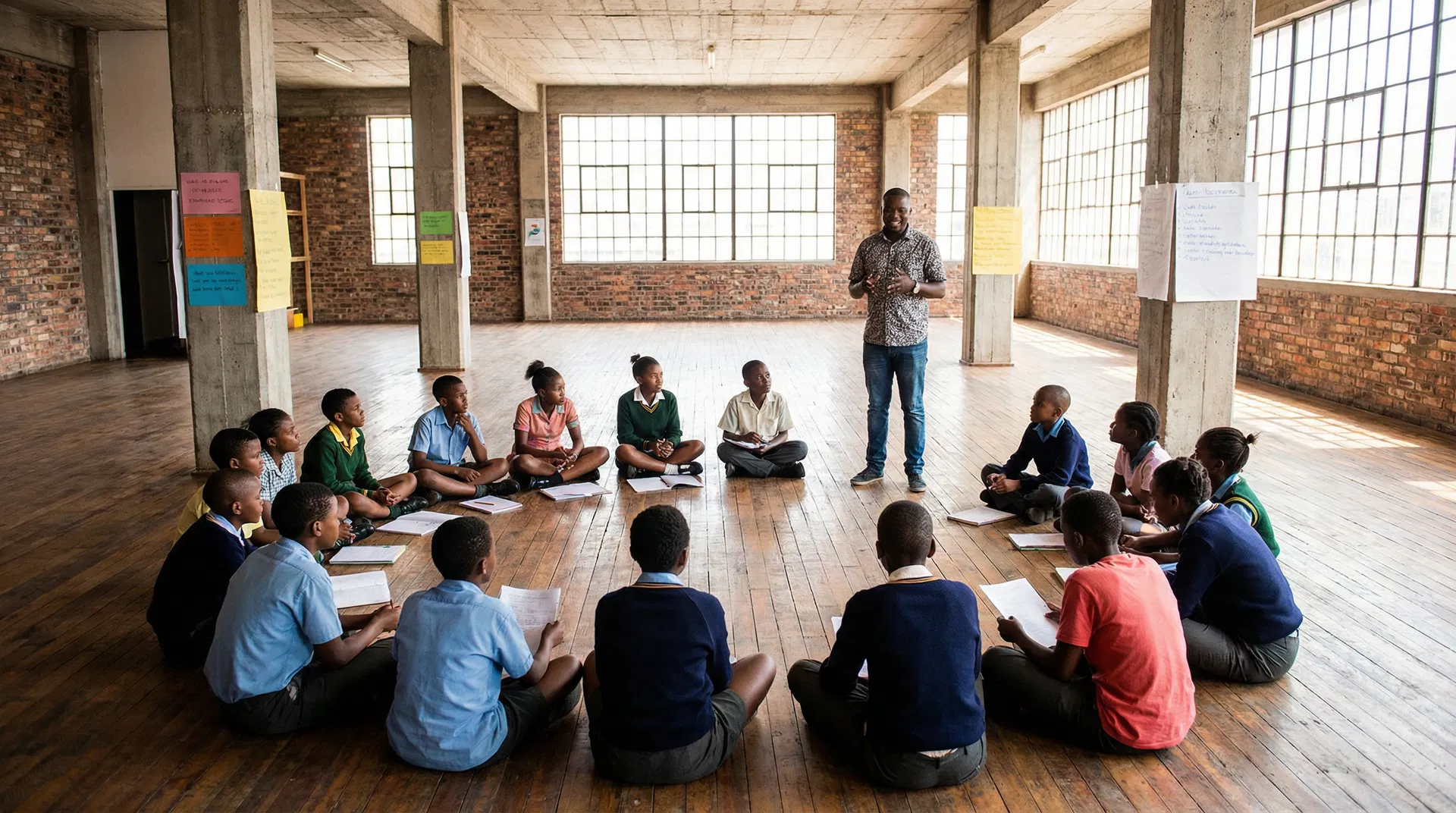Education Alive students in a Study Technology workshop — open floor plan in the Nelson Mandela Building, Johannesburg