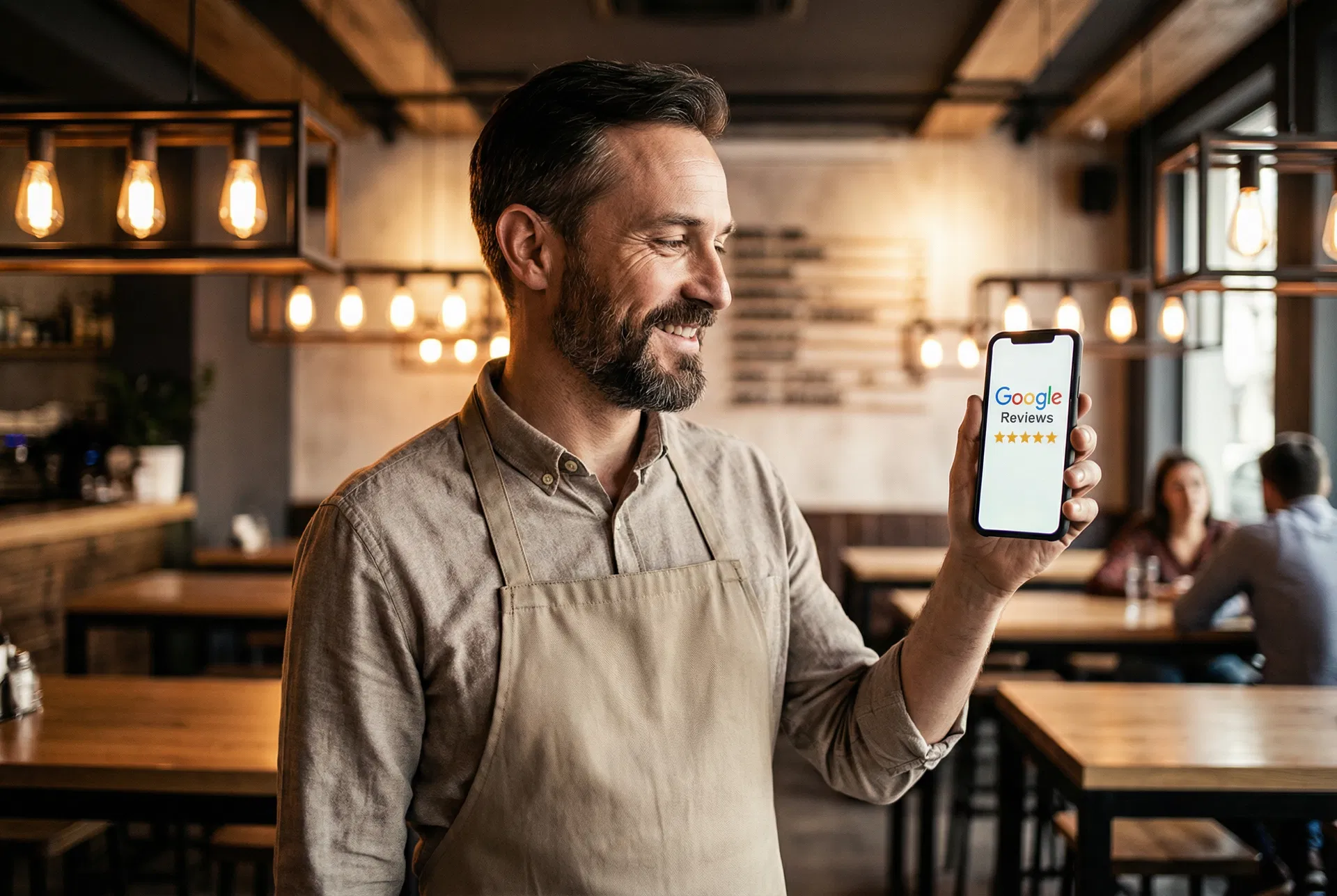 Happy business owner checking Google reviews