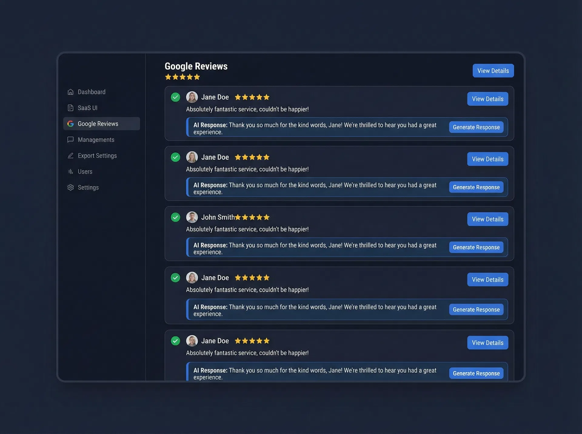 FalconReply AI dashboard showing Google review responses