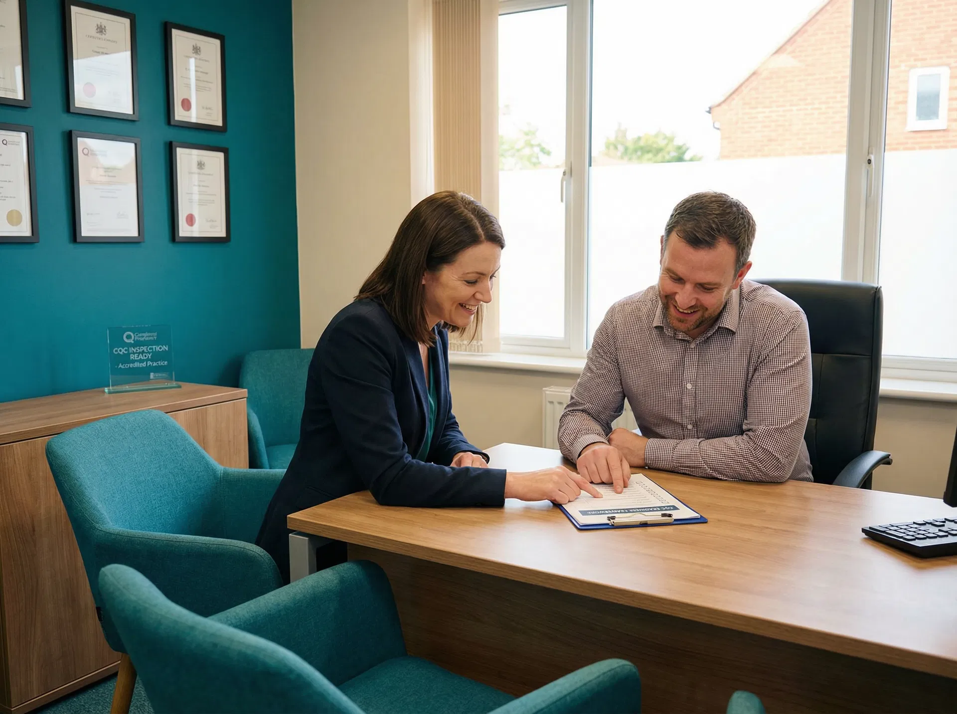 Compliance consultant reviewing documents with practice manager