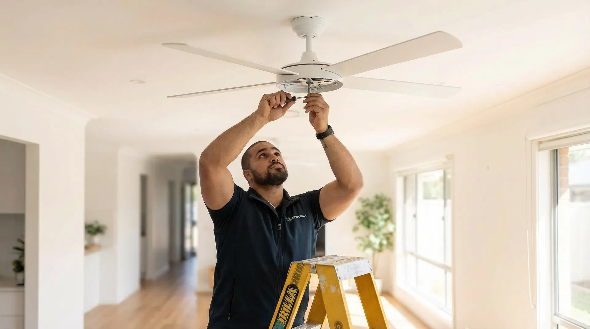 JEN Electrical licenced electrician installing a ceiling fan in a Melbourne home