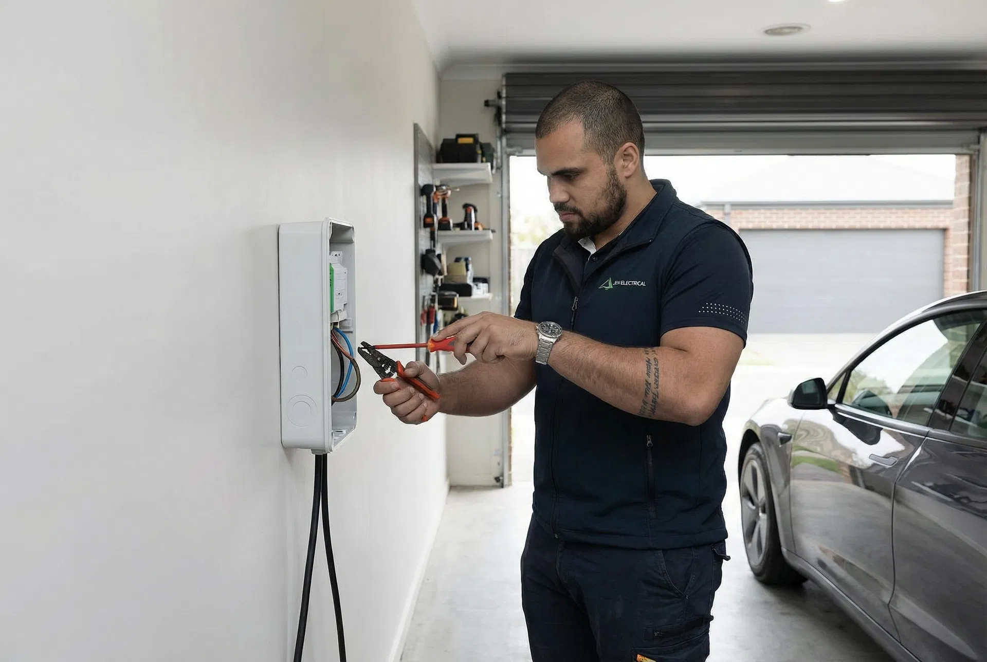Electrician installing EV charger in residential garage