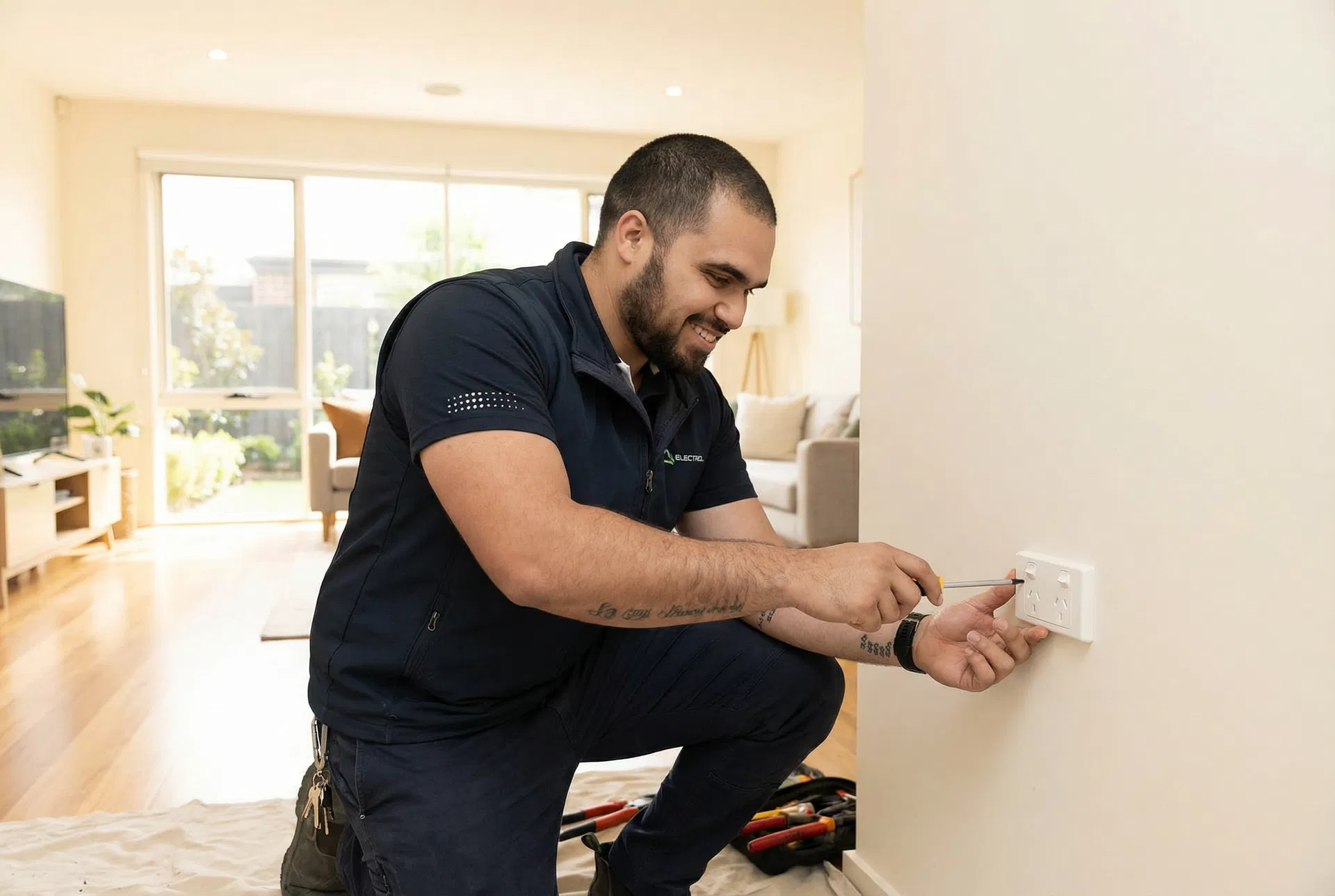 Electrician installing power point in Melbourne living room