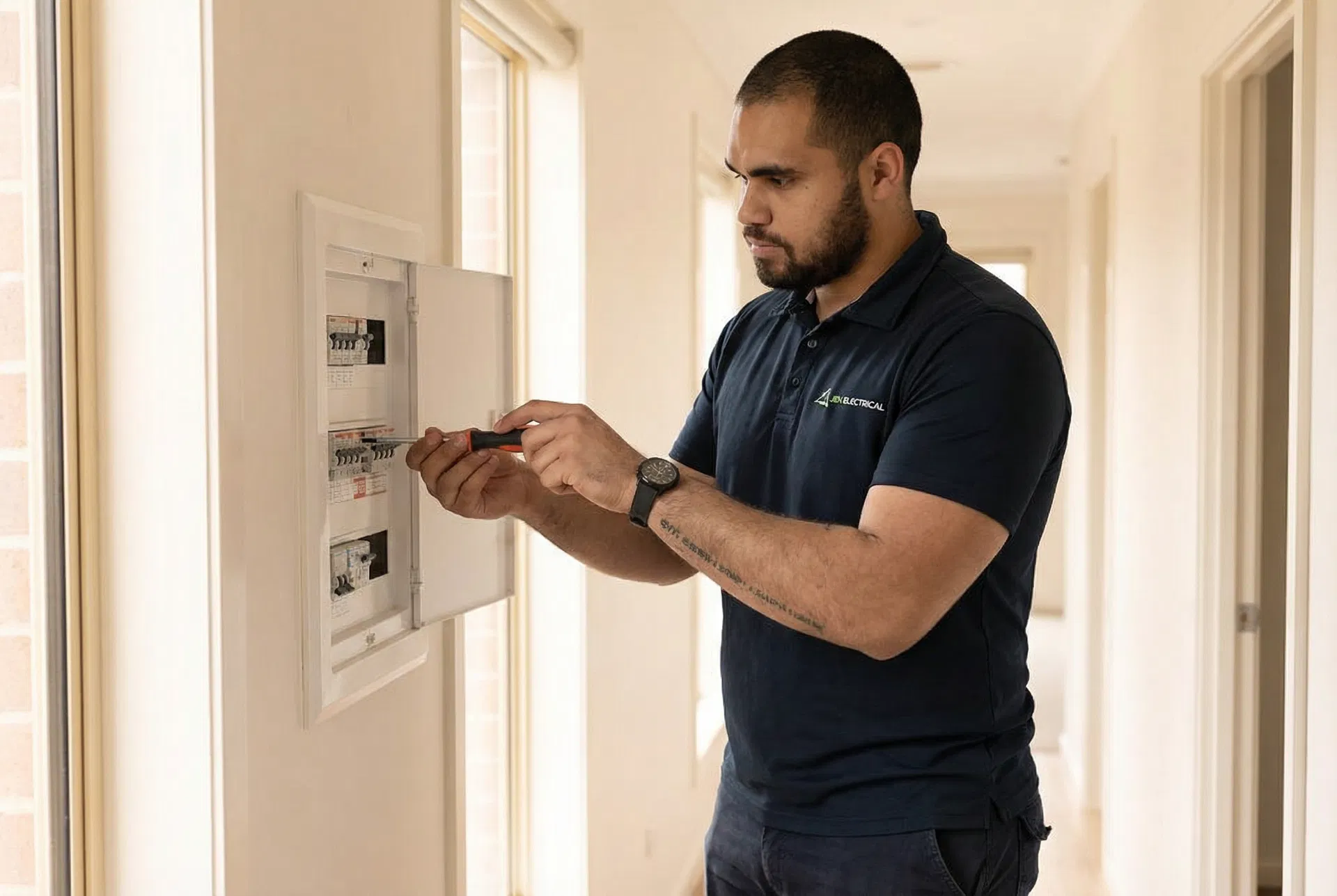 Licensed electrician upgrading residential switchboard in Melbourne home