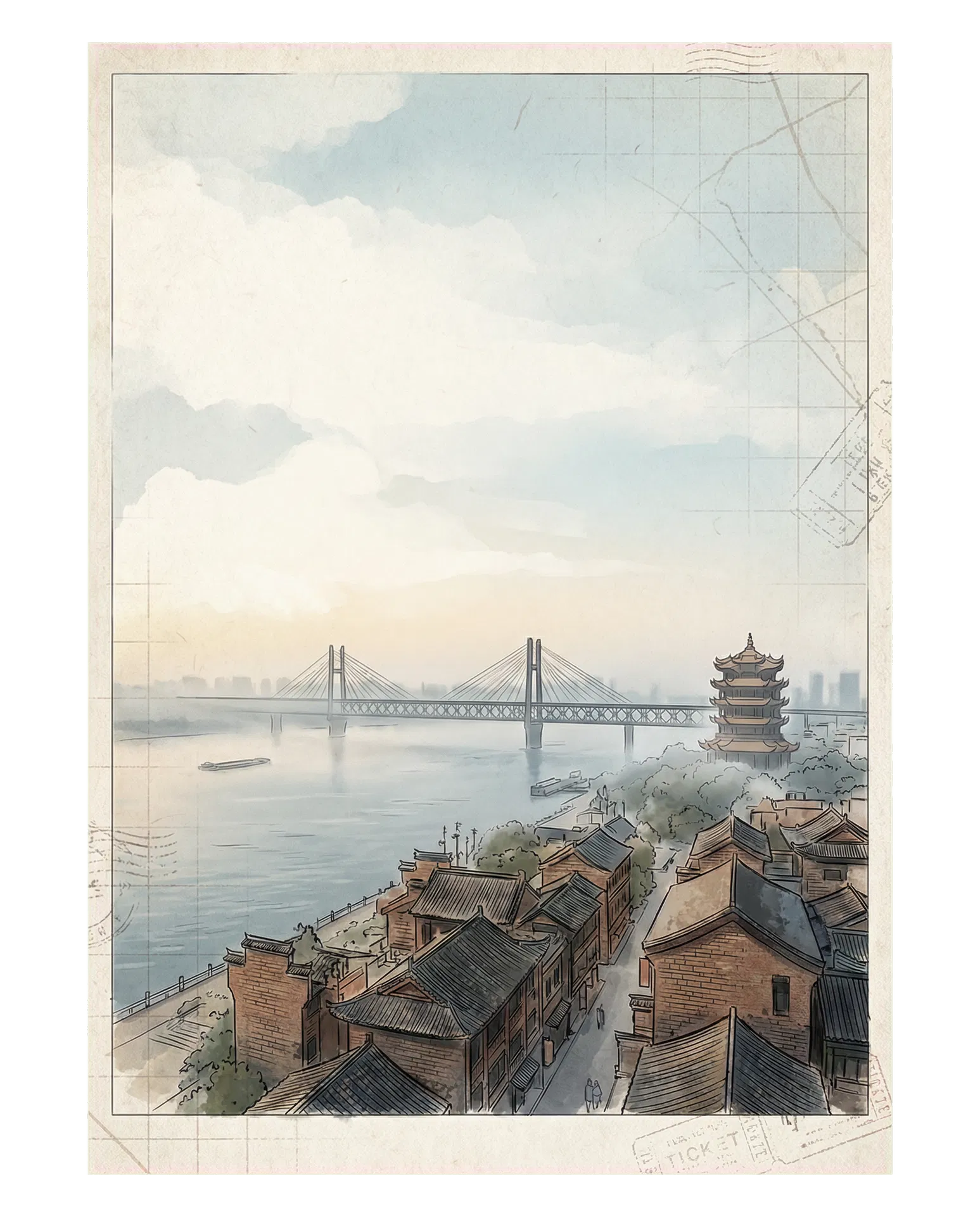 武汉长江与黄鹤楼的纸本感主视觉