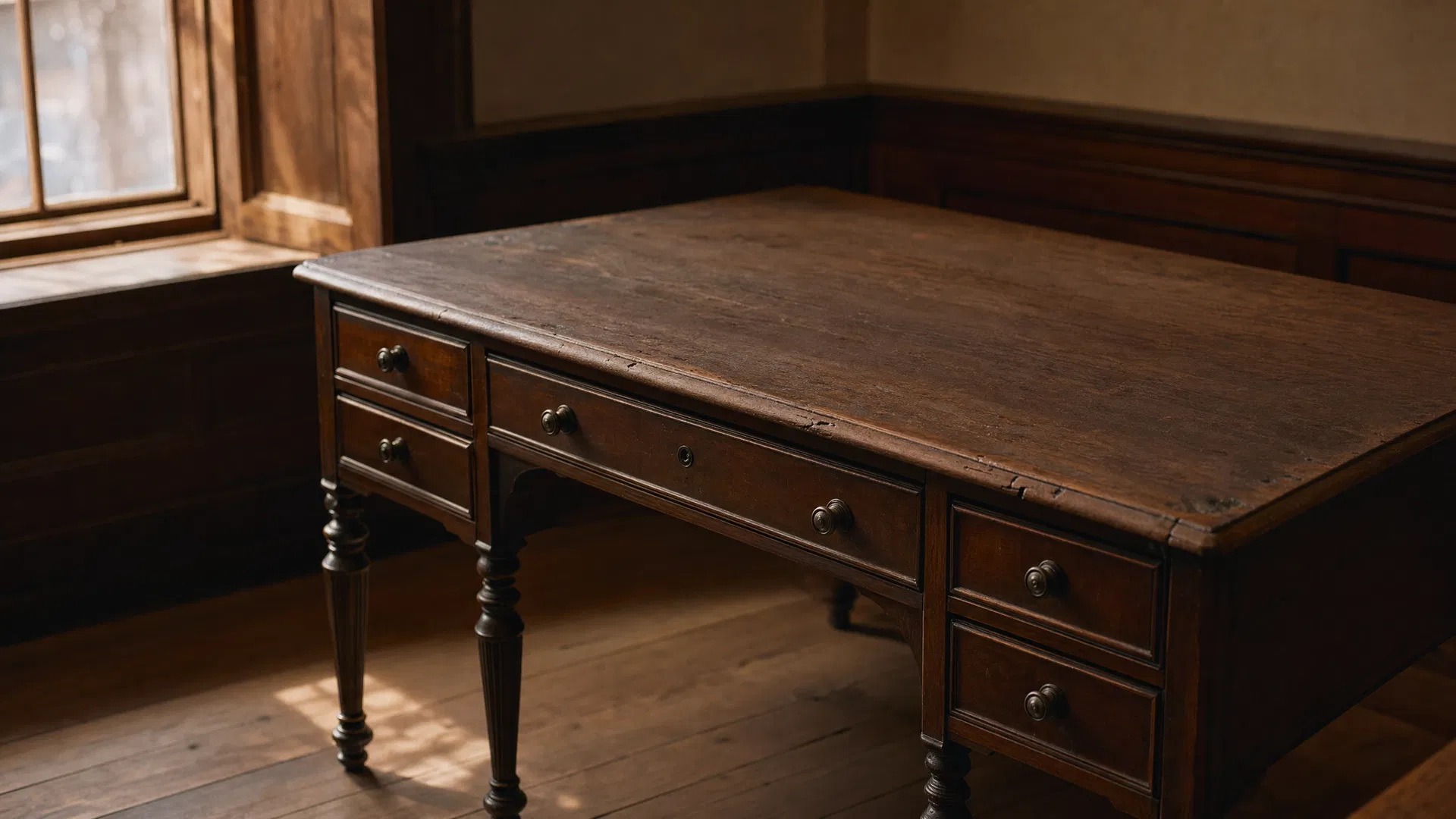 Antique walnut writing desk in morning light