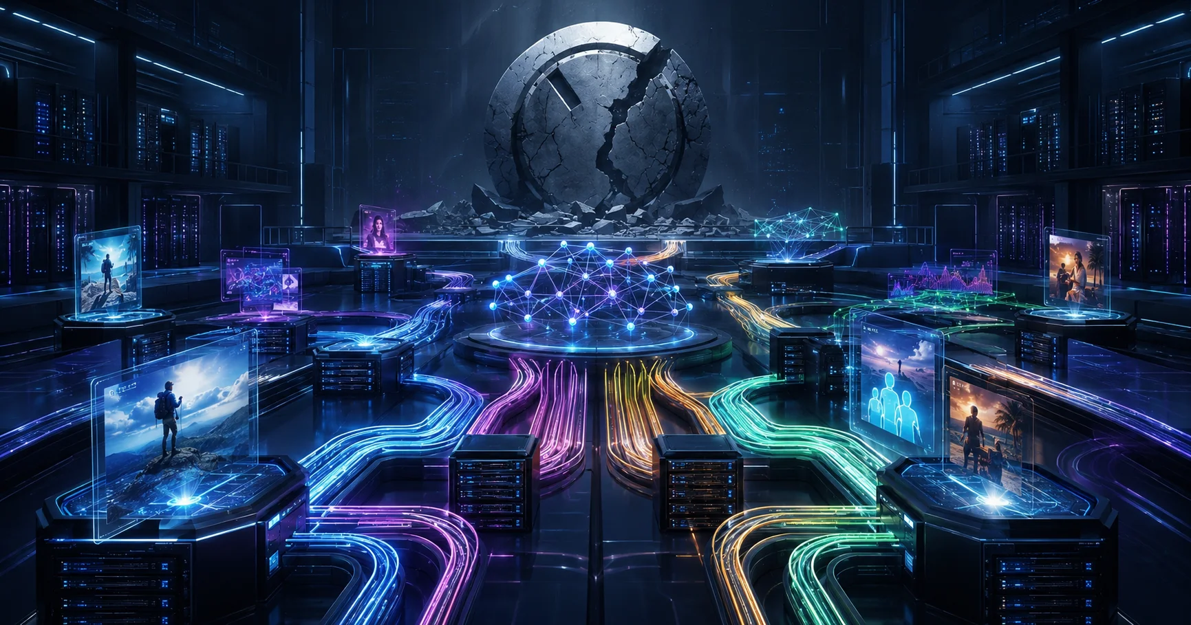 Centro futurista de IA mostrando fluxos de dados e sistemas conectados de entrega de anúncios da Meta.