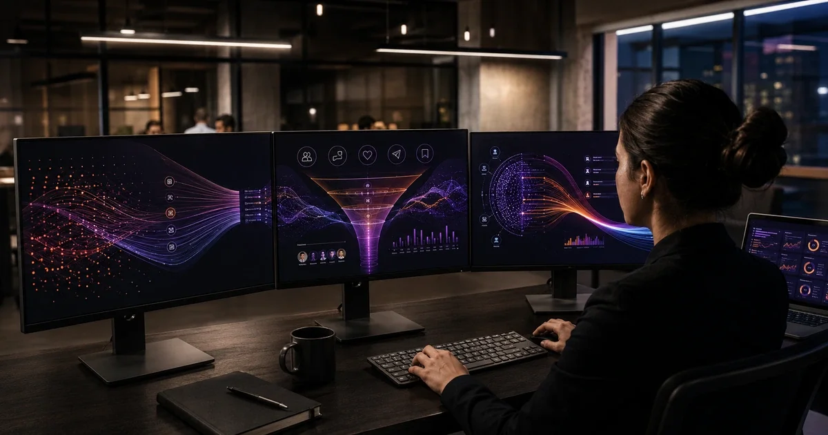 Profissional analisa painéis de dados com gráficos de alcance, engajamento e distribuição em três monitores
