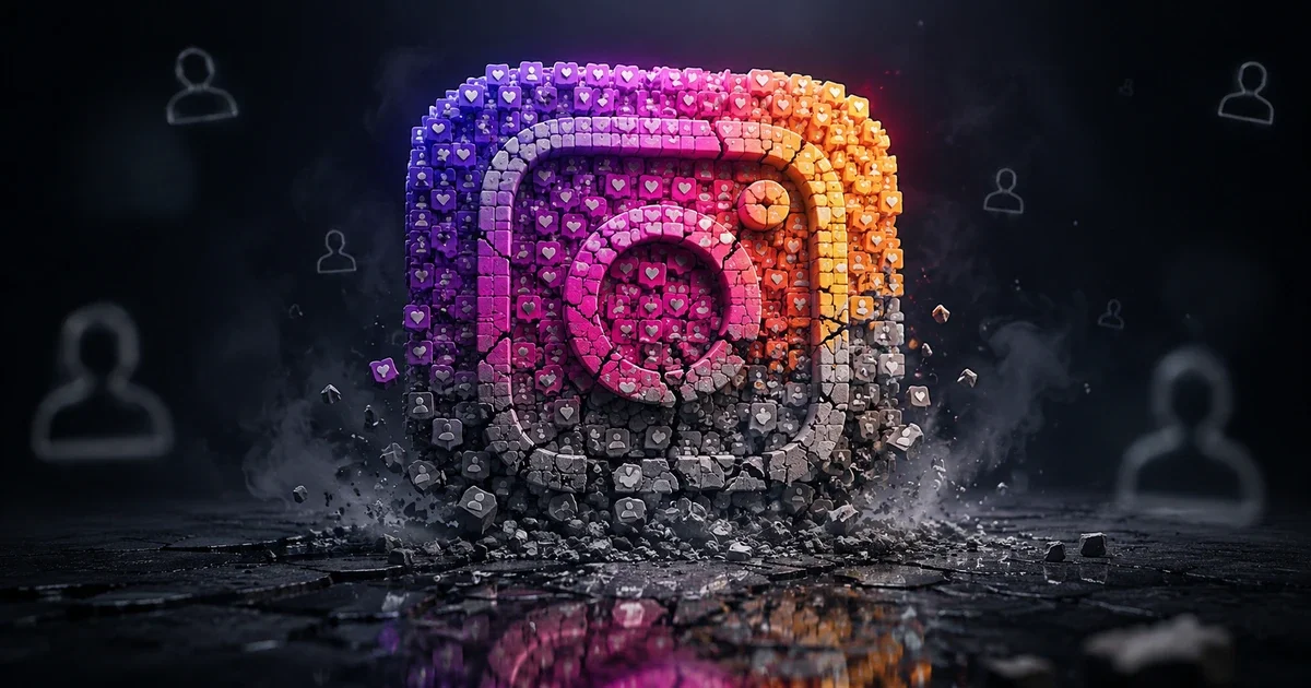 Logo do Instagram se desfaz em perfis e curtidas, simbolizando seguidores artificiais e audiência sem relevância real.