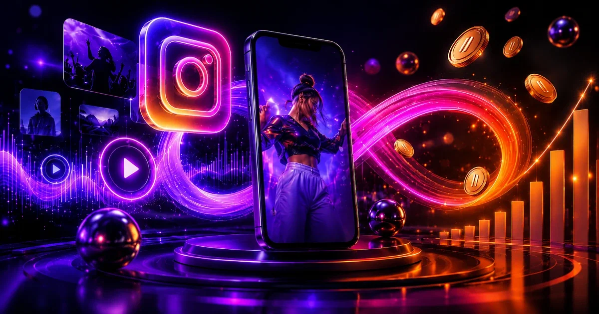 Instagram com Reels, moedas e gráfico de crescimento representando visualizações, monetização e receita para criadores.