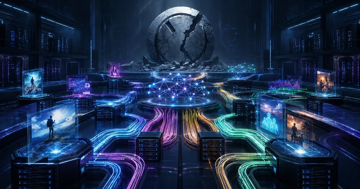 Rede digital futurista conectada a um globo, representando sistemas de IA e entrega de anúncios no Meta Ads.