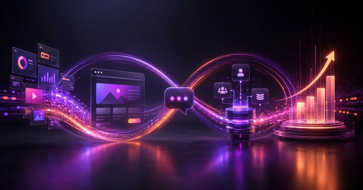 Fluxo visual de dados conectando anúncios, site, WhatsApp, CRM e crescimento de resultados em um cenário tecnológico neon