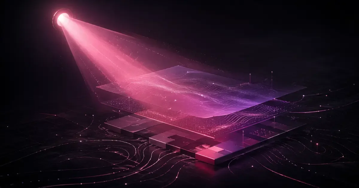 Holofote rosa ilumina painéis de dados, representando análise e aprendizado antes de definir o orçamento de tráfego pago.