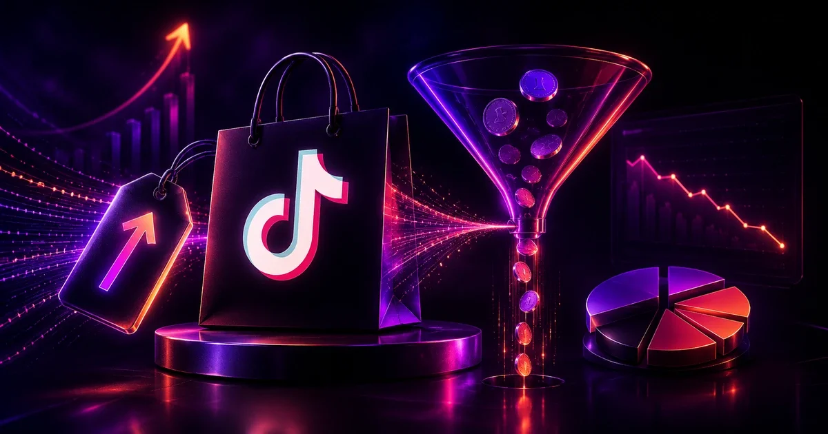 Composição 3D em neon do TikTok Shop com tag de alta, funil de moedas e gráficos sobre aumento de taxas.