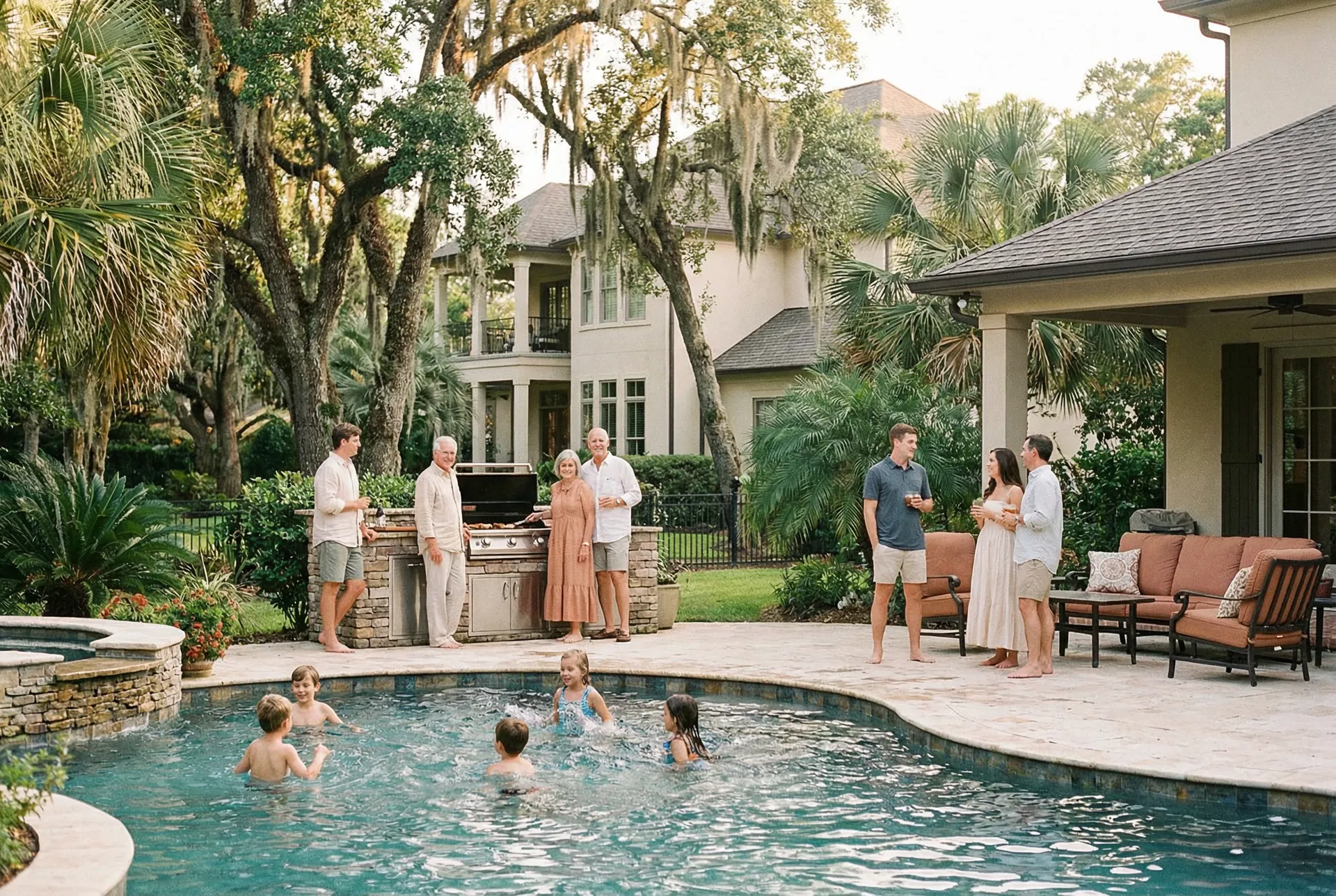 Family with grandkids swimming and parents grilling in backyard