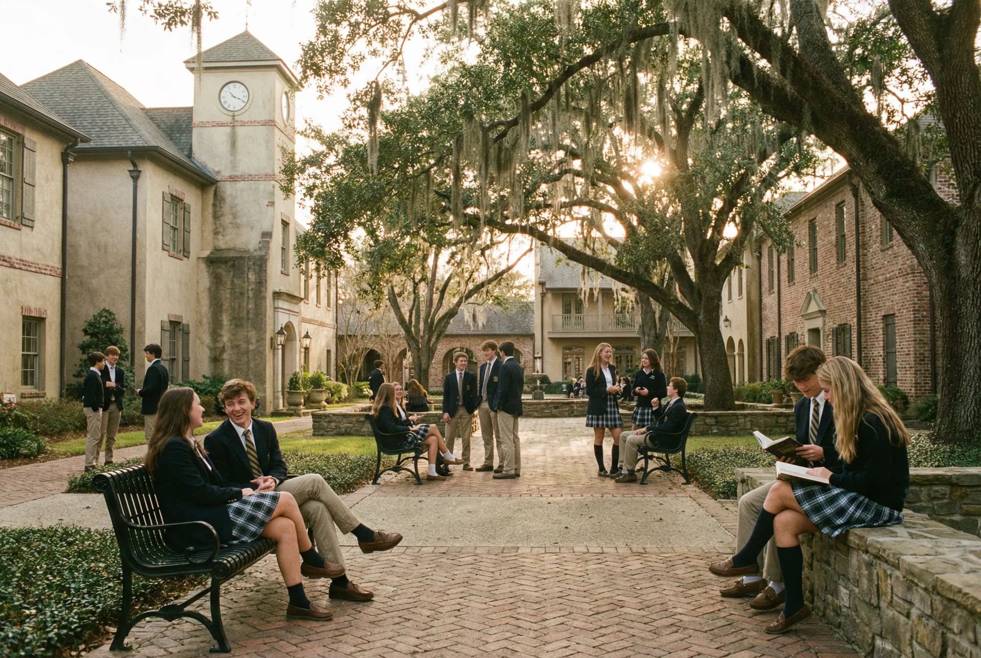 Private school outdoor courtyard with students